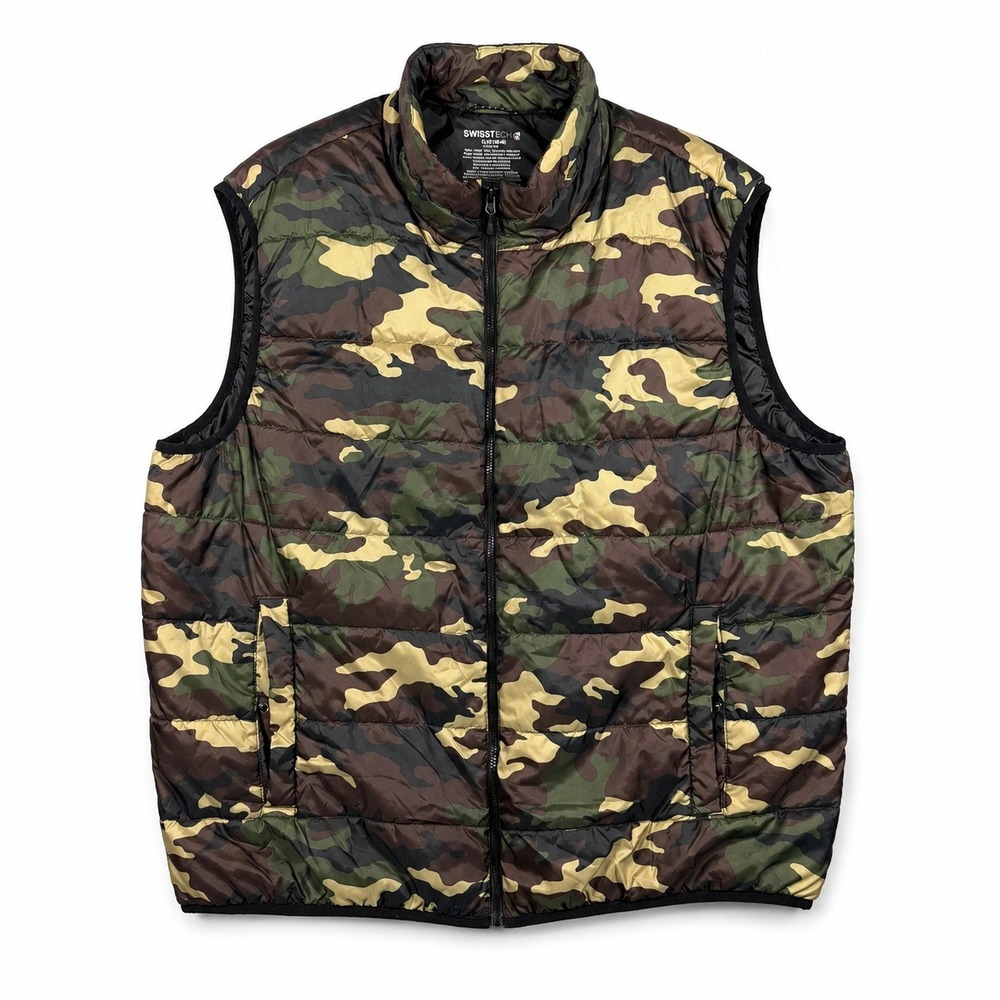 Swiss Tech Mens Camo Puffer Vest 2XL Green Brown Quilted Zip Up SM49604YPB